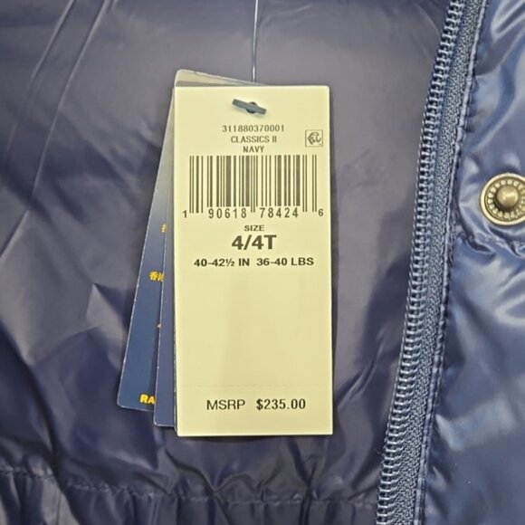 Polo Ralph Lauren Navy Puffer Water Resistant Down Long Coat Zip Snap Closure 4T - Picture 7 of 9
